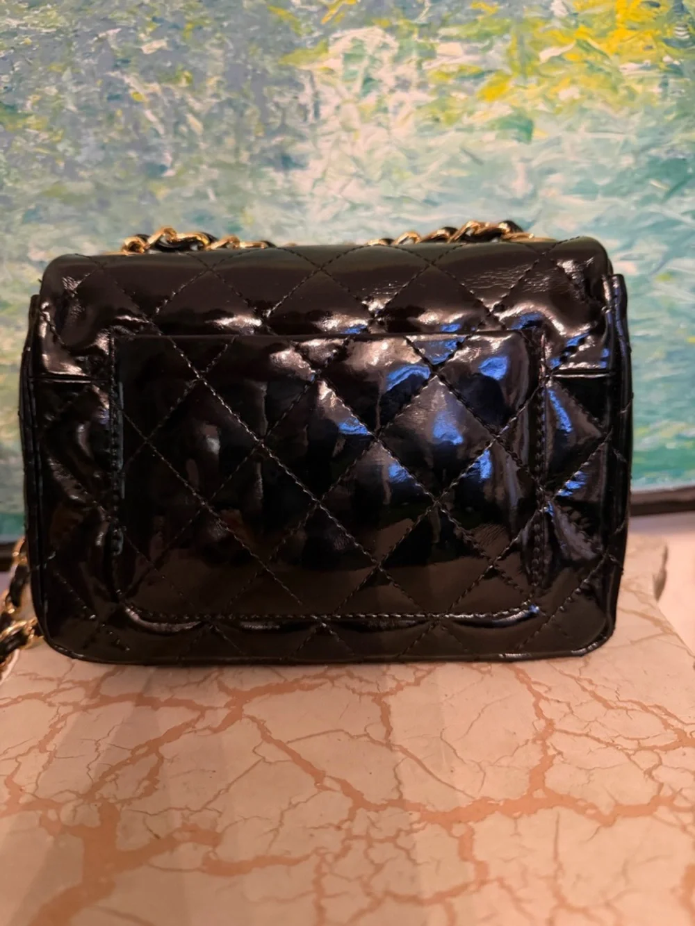 CHANEL Vintage Black Quilted Patent Mini Crossbody with Gold Hardware